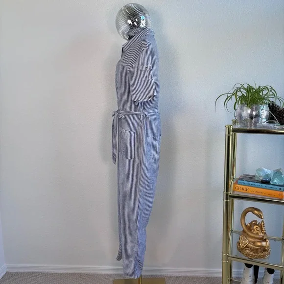 Anthro Cartonnier Blue and White Railroad Stripe Utility Jumpsuit, Size Medium - Picture 3 of 16